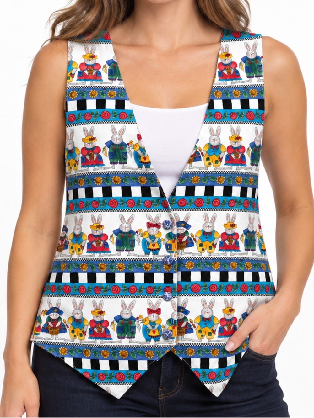 Vintage 90s Bunny Rabbit Teacher Vest Cottagecore Reversible Blue Star Moon M